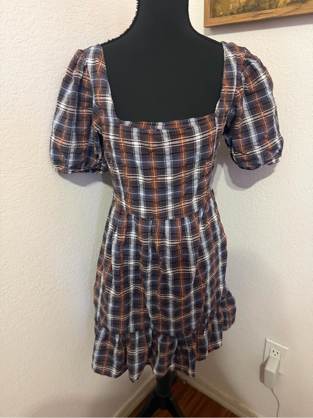 Dizzy Lizzy Plaid Puff-Sleeve Square Neck Dress in Navy & Brown- Size M